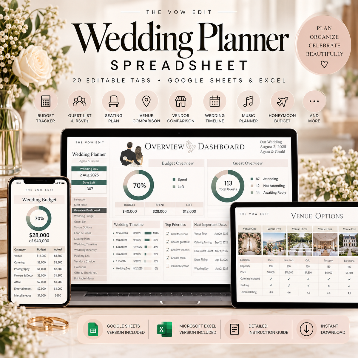 The Vow Edit | The Ultimate Wedding Planner Spreadsheet | Google Sheets + Excel | 20 Editable Planning Tabs