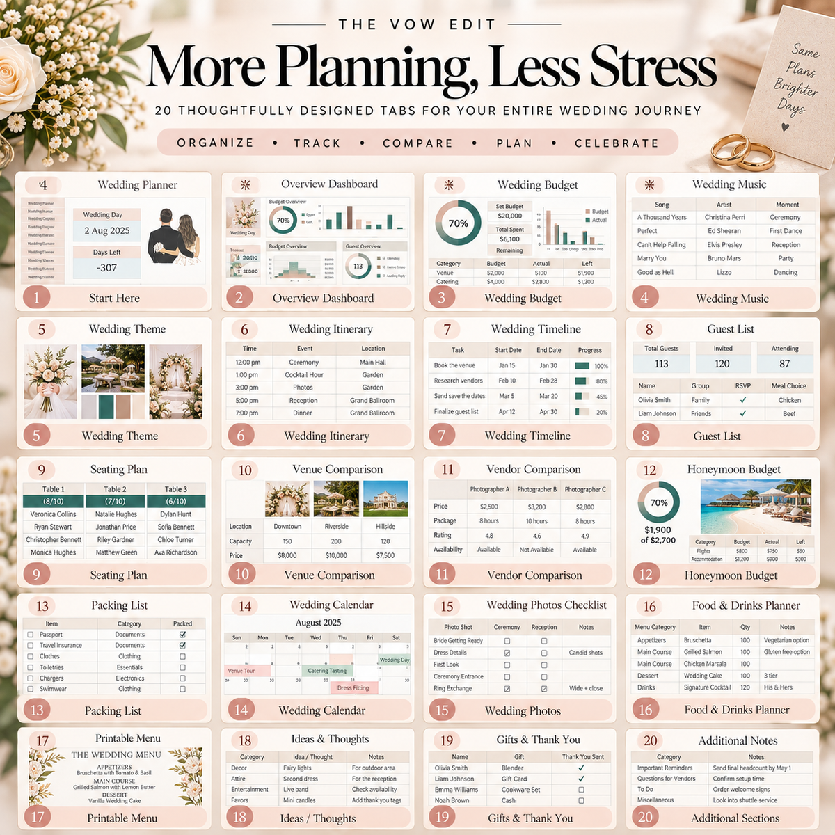 The Vow Edit | The Ultimate Wedding Planner Spreadsheet | Google Sheets + Excel | 20 Editable Planning Tabs