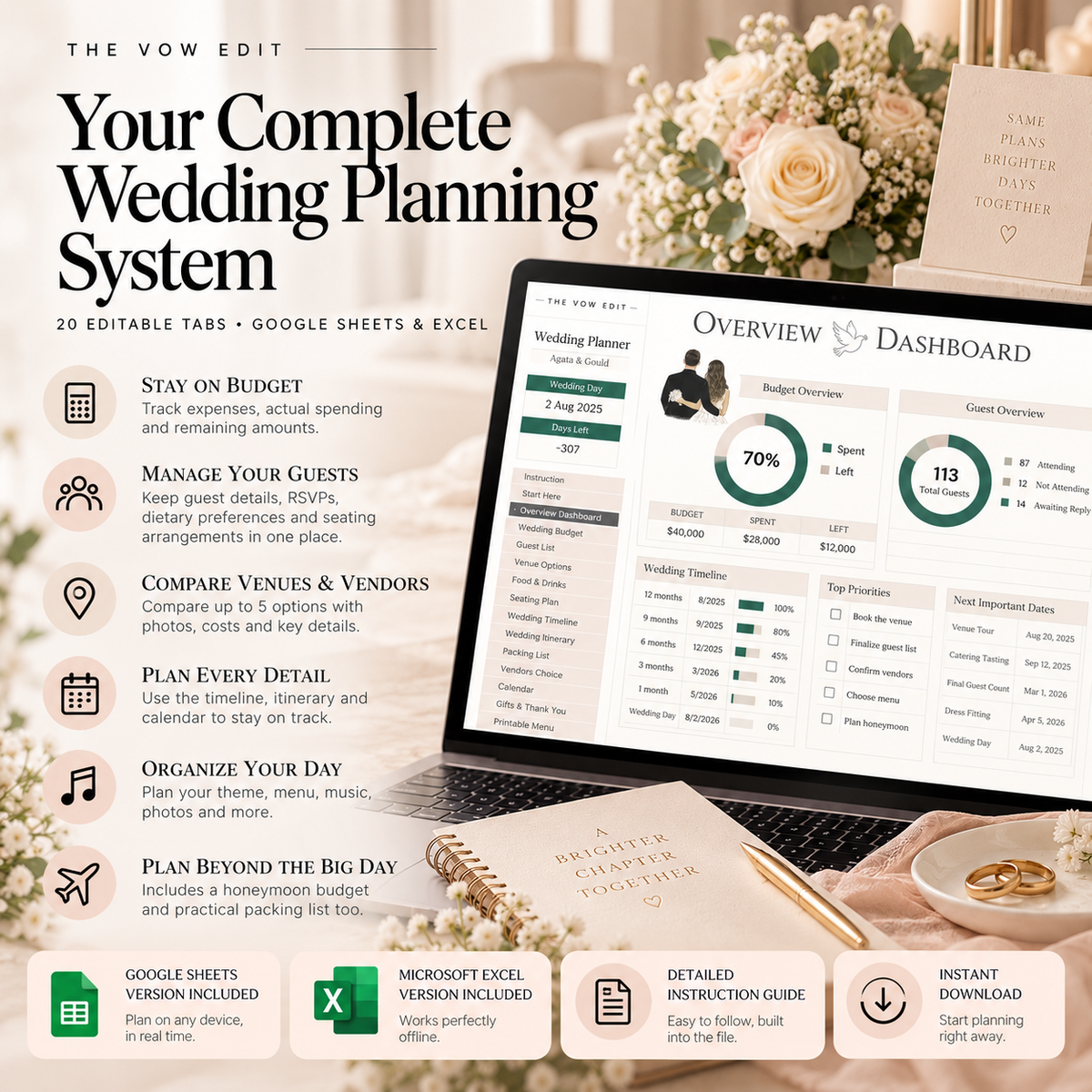 The Vow Edit | The Ultimate Wedding Planner Spreadsheet | Google Sheets + Excel | 20 Editable Planning Tabs