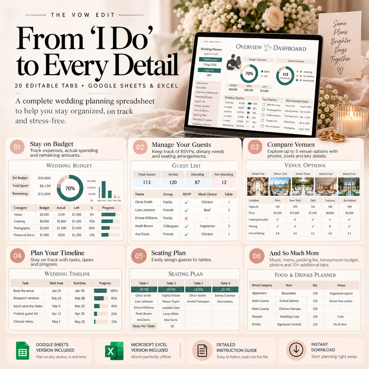 The Vow Edit | The Ultimate Wedding Planner Spreadsheet | Google Sheets + Excel | 20 Editable Planning Tabs