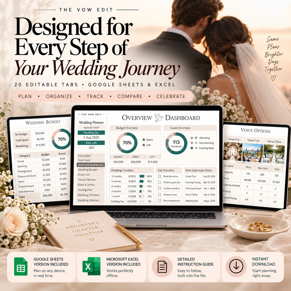 The Vow Edit | The Ultimate Wedding Planner Spreadsheet | Google Sheets + Excel | 20 Editable Planning Tabs